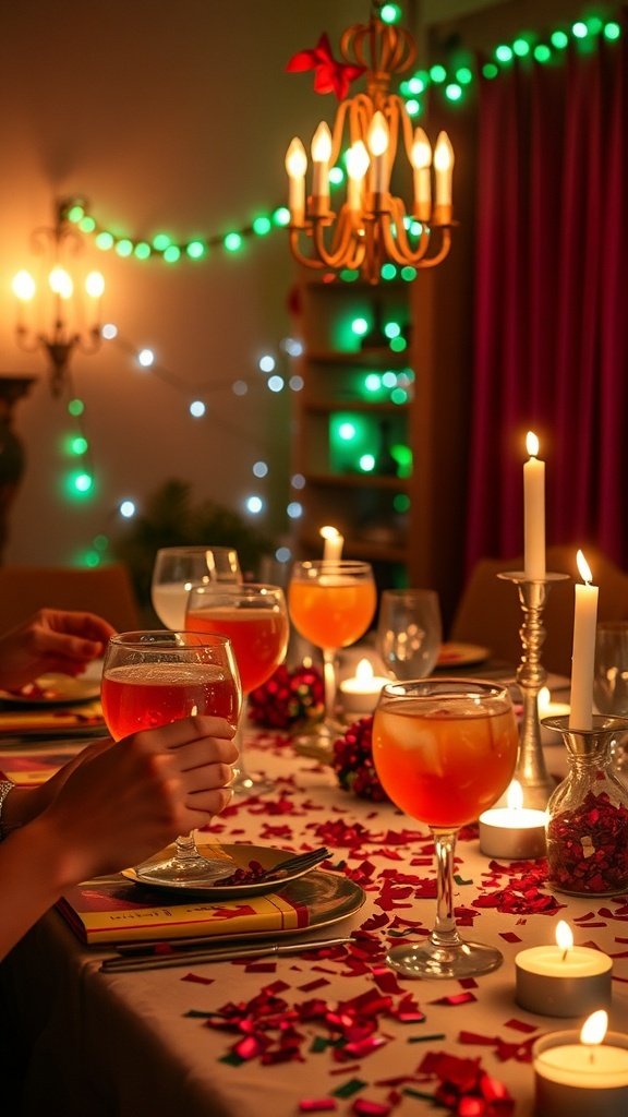 A festive table setting with cocktails, candles, and decorative lights, creating a celebratory atmosphere.