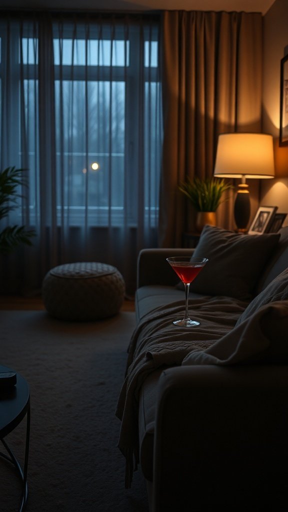 A cozy living room with a coffee martini on the table, soft lighting, and a comfortable couch.
