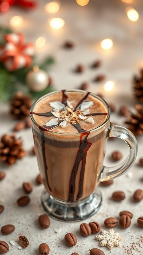A cozy cup of Cocoa Nut Coffee topped with chocolate syrup and shredded coconut, surrounded by festive decorations.
