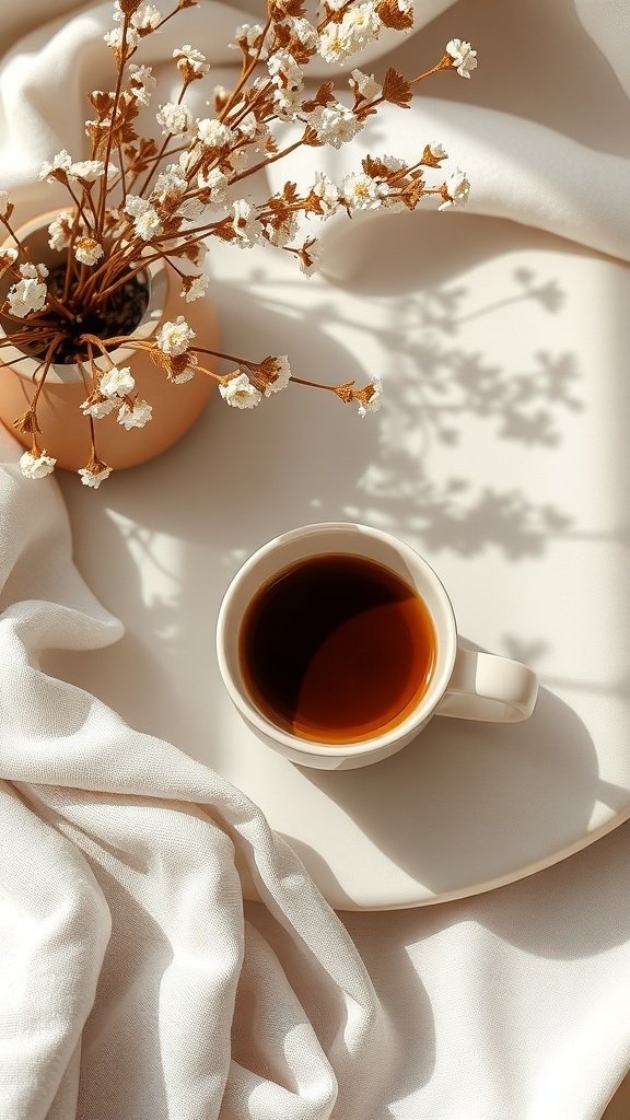 A cozy scene featuring a mug of coffee on a soft surface with dried flowers in a vase.