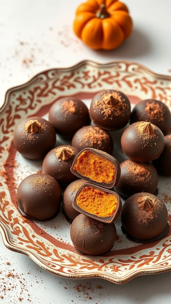 Chili infused pumpkin chocolate truffles on a decorative plate with a small pumpkin in the background.