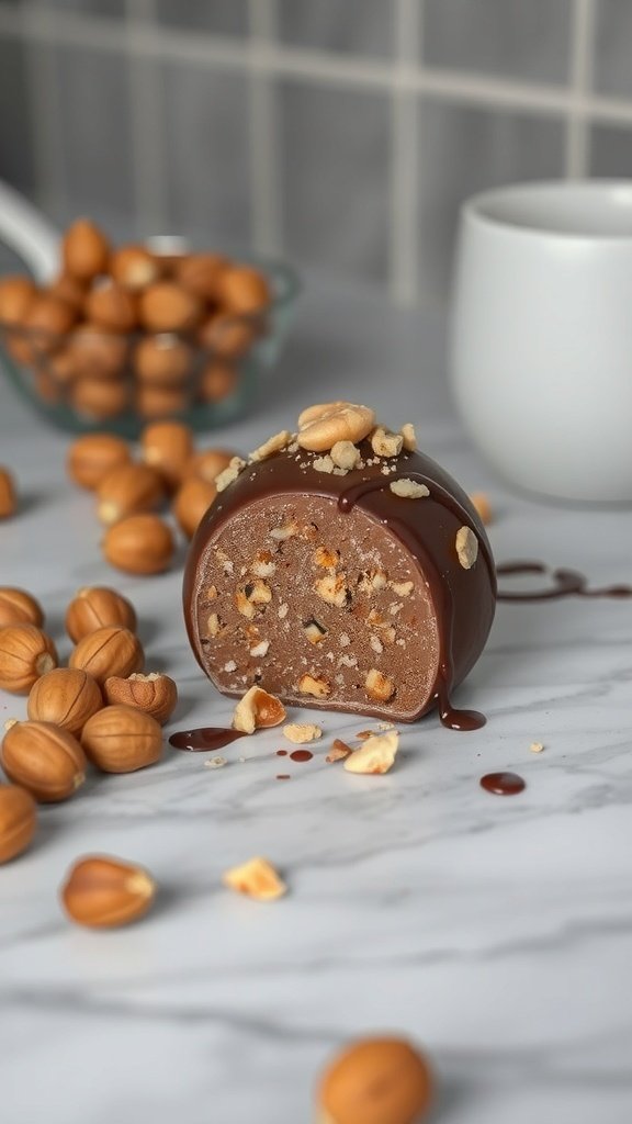 Hazelnut and chocolate bomb with crushed hazelnuts on top, surrounded by whole hazelnuts.