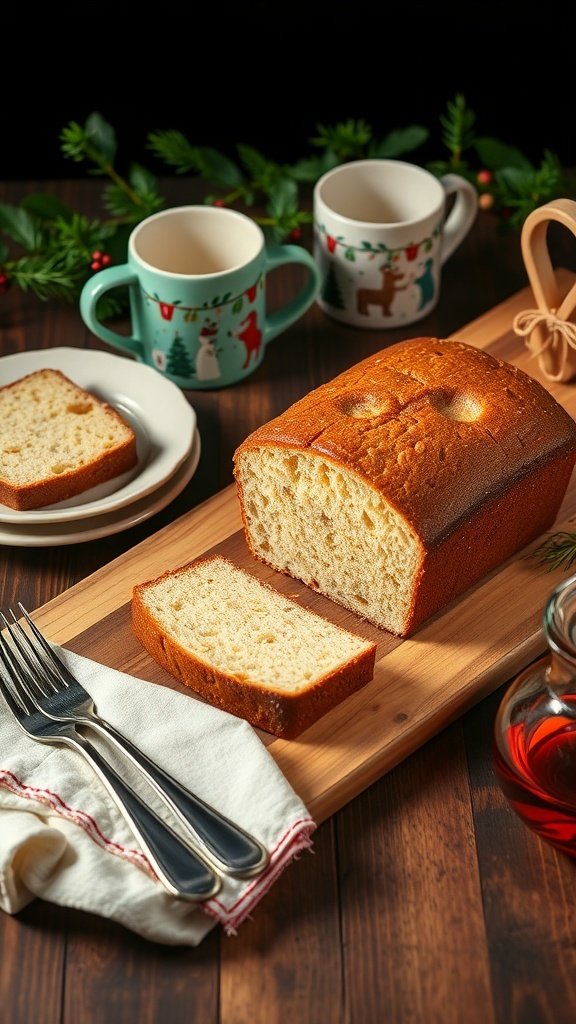 A beautifully baked Cranberry Orange Cake on a wooden board, surrounded by festive decorations.