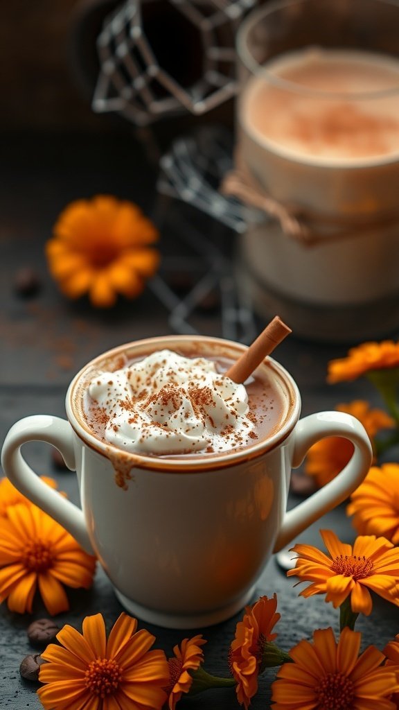 A cozy mug of spiced chocolate cocoa topped with whipped cream and surrounded by orange flowers.