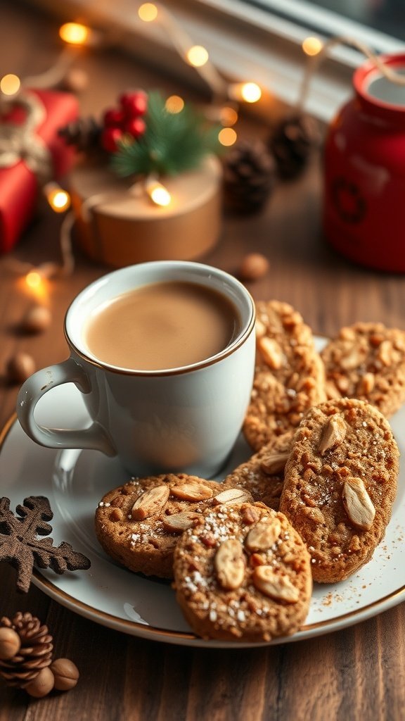 A cup of flat white coffee next to hazelnut biscotti on a plate, surrounded by festive decorations.