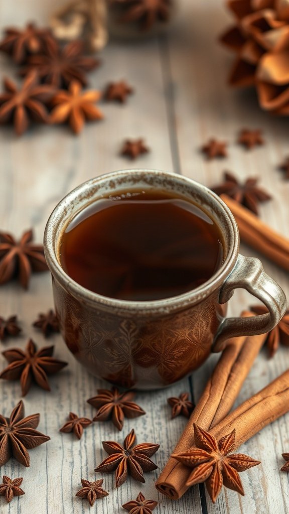 A cozy cup of spiced chai coffee blend surrounded by star anise and cinnamon sticks.