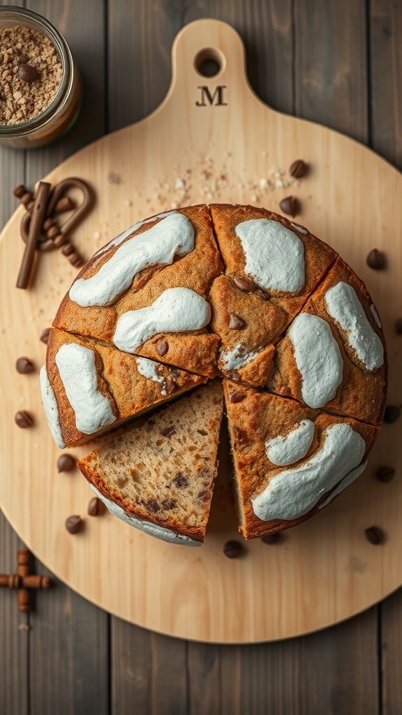 Delicious King Arthur Coffee Cake on a wooden board with a slice cut out.