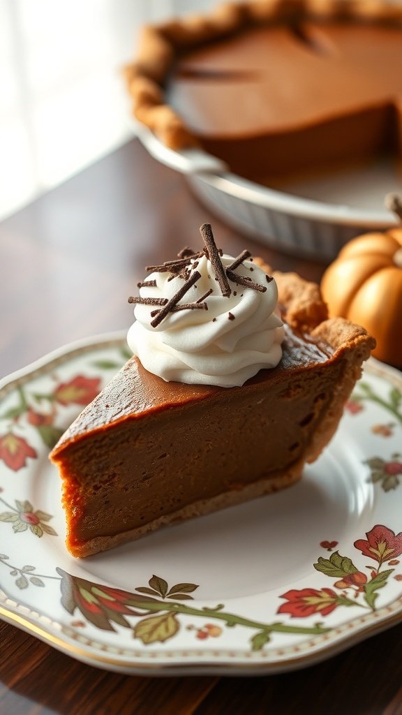 A slice of hot chocolate pumpkin pie topped with whipped cream and chocolate shavings on a decorative plate.