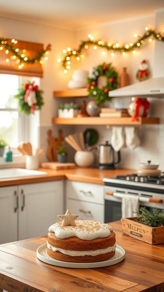 A cozy kitchen with a cranberry orange cake on a wooden table, decorated for the holidays.