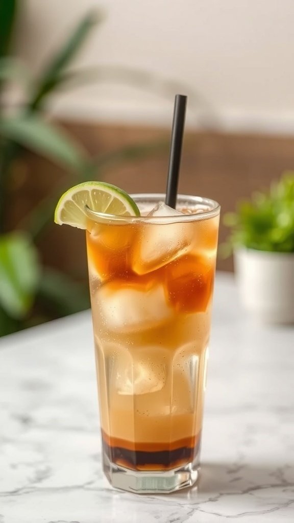 A glass of Espresso Tonic with Lime, featuring ice, a straw, and a lime wedge.