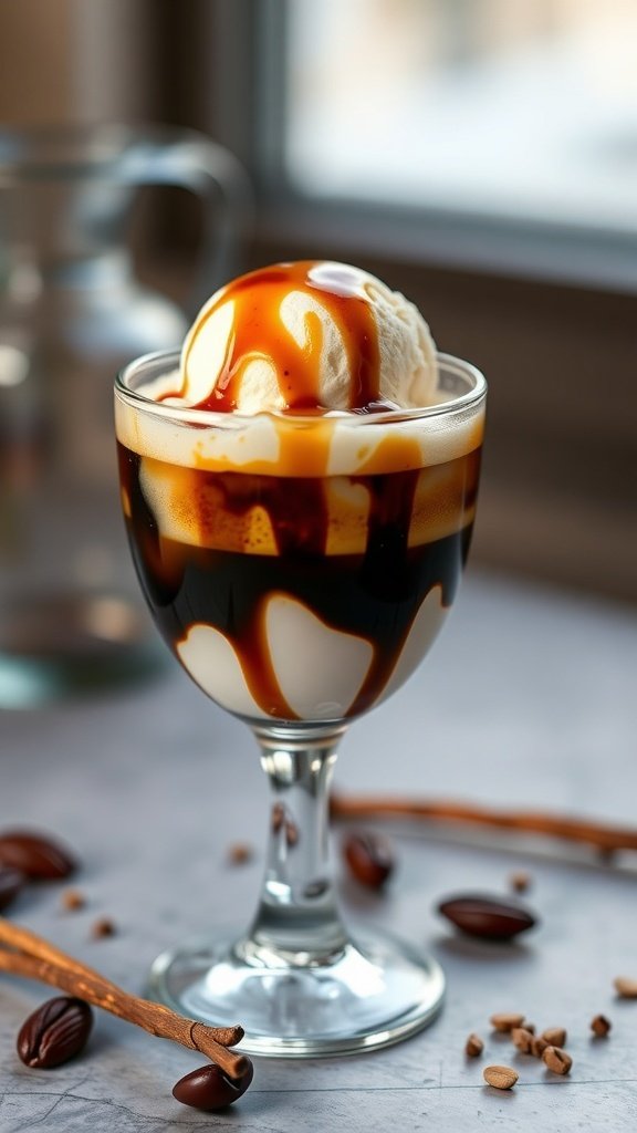 A glass of vanilla bean affogato with ice cream and chocolate syrup