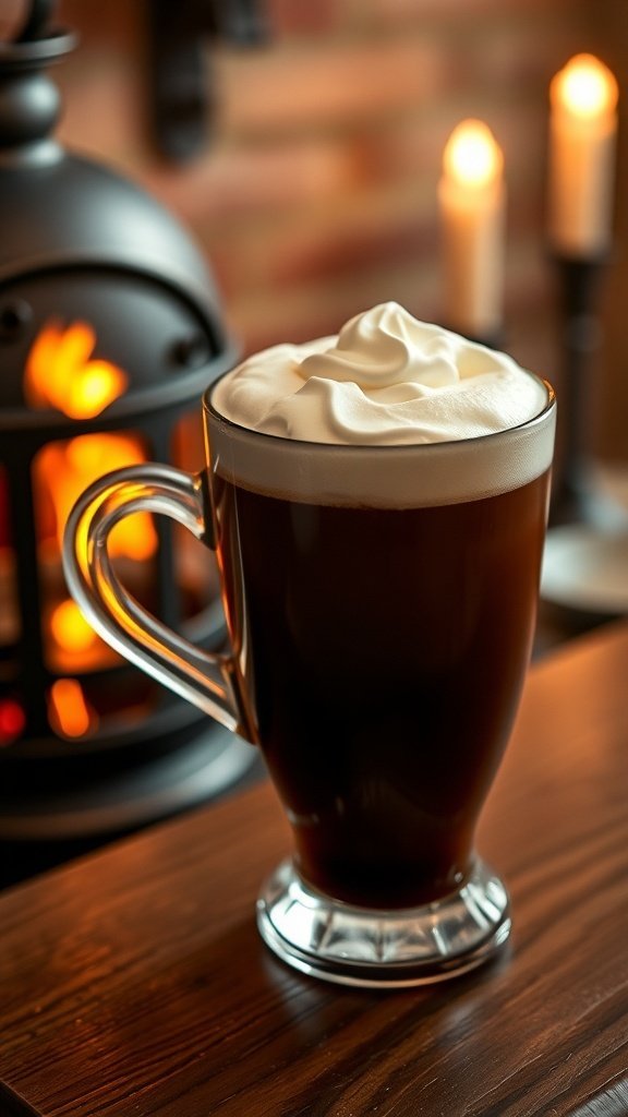 A glass of Irish coffee topped with whipped cream, set beside a cozy fireplace.