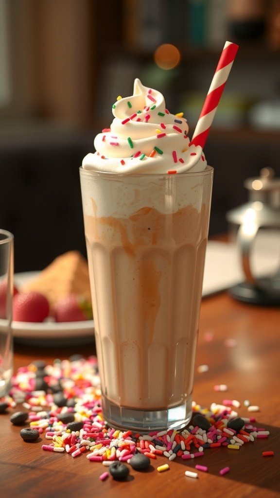 A tall glass of creamy caramel frappe topped with whipped cream and colorful sprinkles, surrounded by sprinkles on a wooden table.
