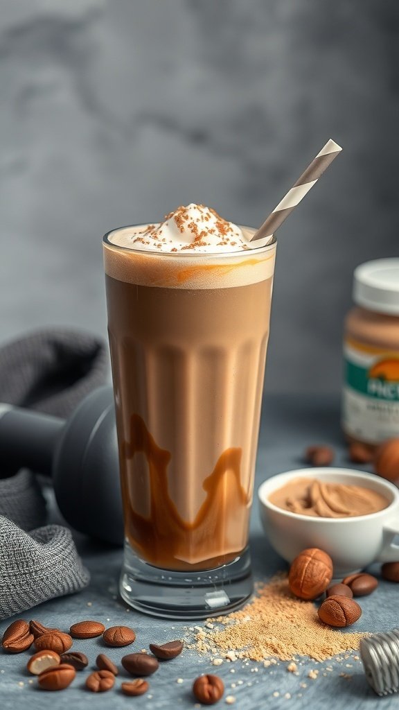 A tall glass of creamy protein coffee topped with whipped cream and a sprinkle of cinnamon, surrounded by coffee beans and a jar of protein powder.