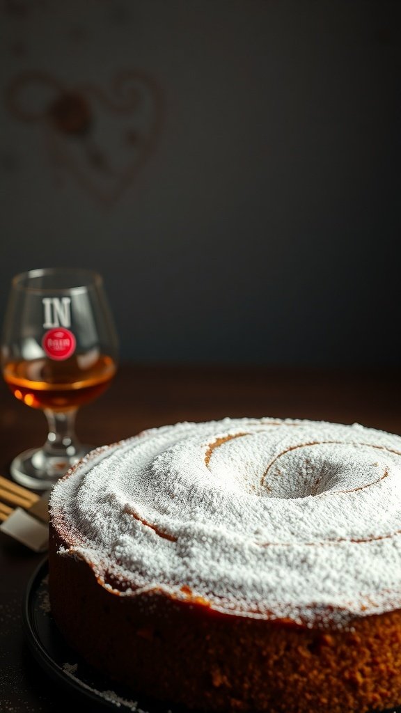A beautifully dusted Irish coffee cake with a glass of whiskey in the background.