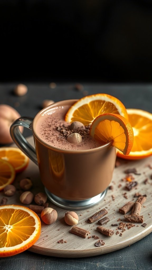 A cozy mug of hazelnut cocoa topped with whipped cream and orange slices, surrounded by hazelnuts and chocolate shavings.