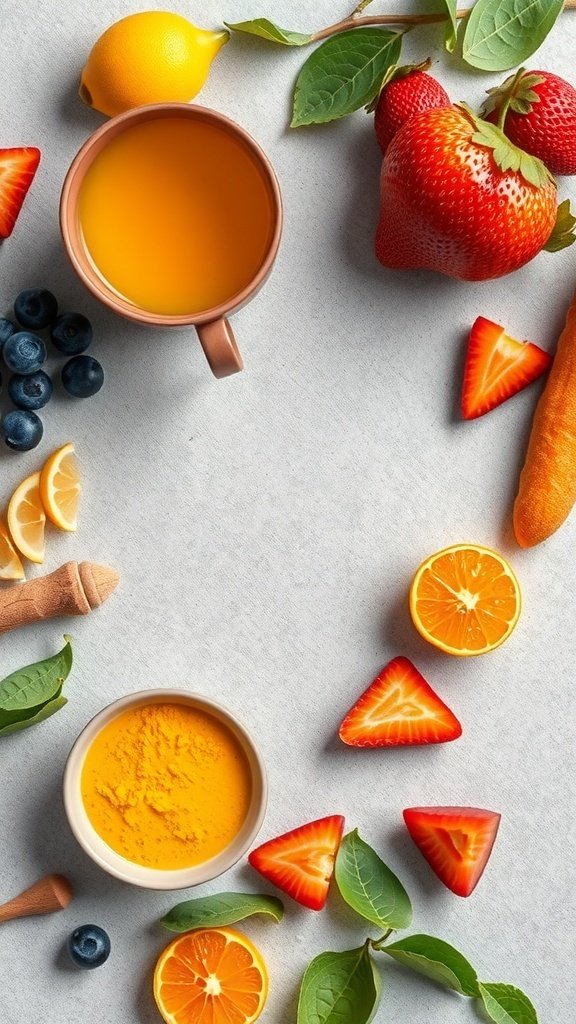 A cozy setup featuring a cup of turmeric tea surrounded by fresh fruits and turmeric powder.