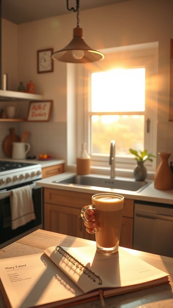 A homemade vanilla latte in a cozy kitchen setting with sunlight streaming in.