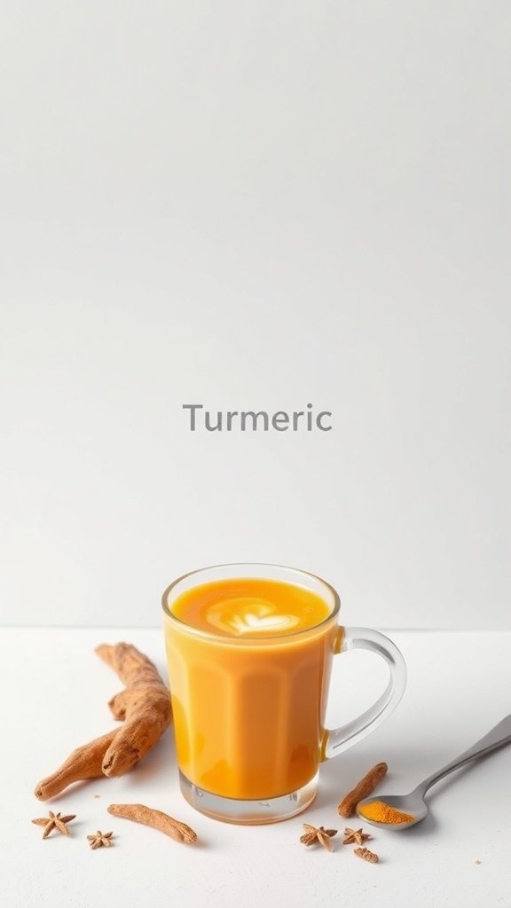 A glass of golden milk with turmeric roots and spices