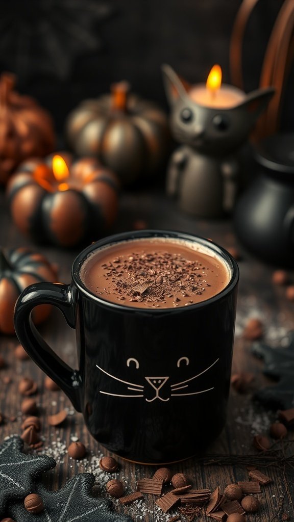 A cozy black cat mug filled with hot chocolate, surrounded by Halloween decorations like pumpkins and candles.