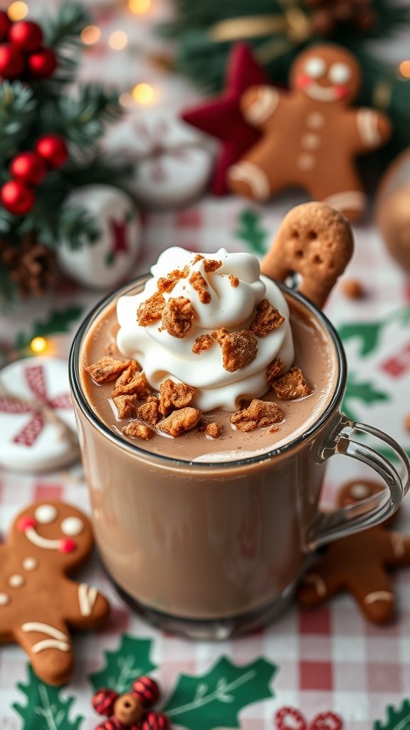 A cozy mug of gingerbread hot cocoa topped with whipped cream and gingerbread cookie crumbles, surrounded by festive decorations.