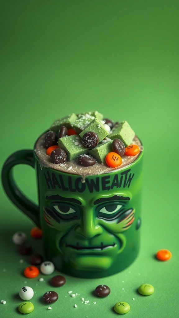 A green mug shaped like Frankenstein's monster filled with hot chocolate, topped with fudge cubes and colorful candies.