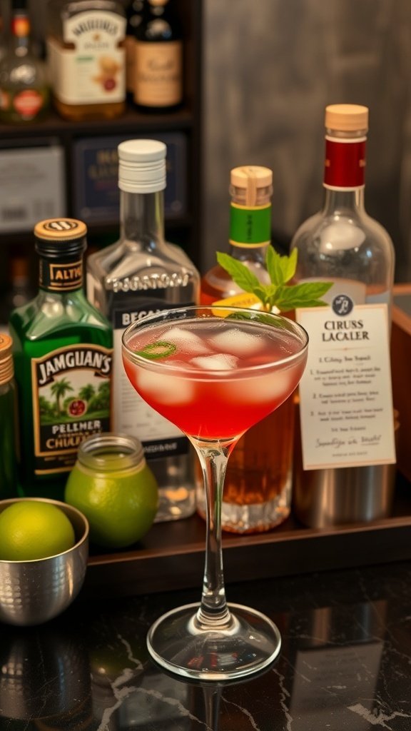 A beautifully arranged coffee martini bar setup with ingredients, garnishes, and a cocktail.