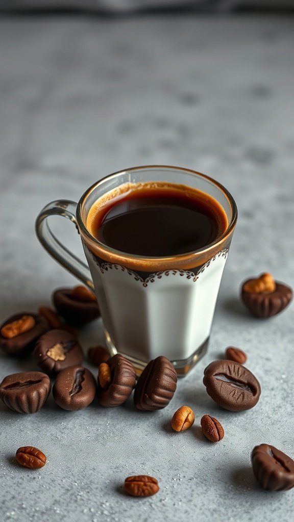 A cup of espresso surrounded by chocolate coffee beans.
