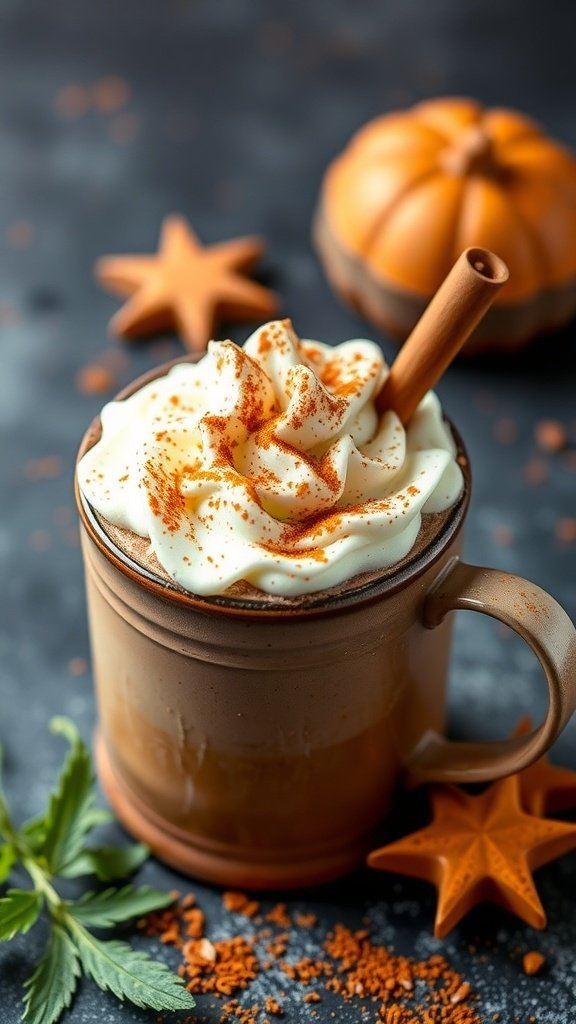 A cozy mug of Mexican spiced hot chocolate topped with whipped cream and cinnamon, surrounded by decorative elements like a pumpkin and star anise.
