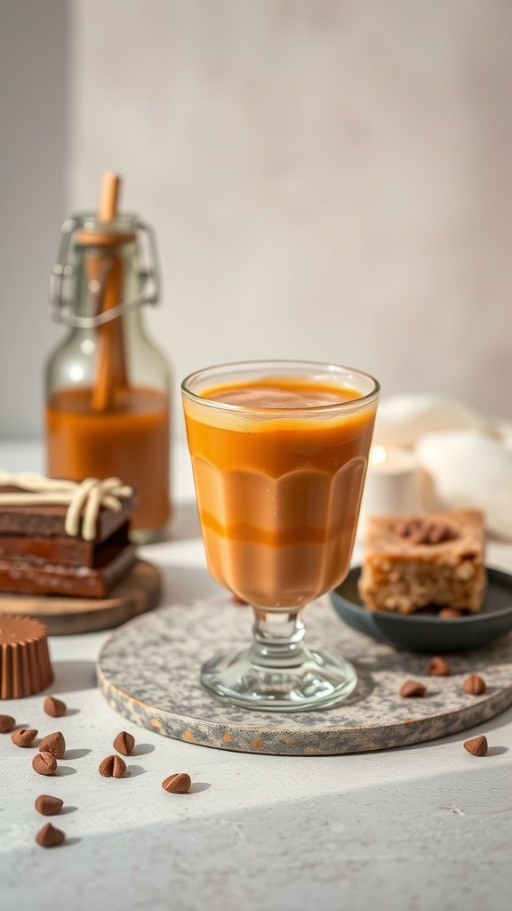 A creamy caramel frappe in a glass with caramel drizzle, surrounded by sweet treats.