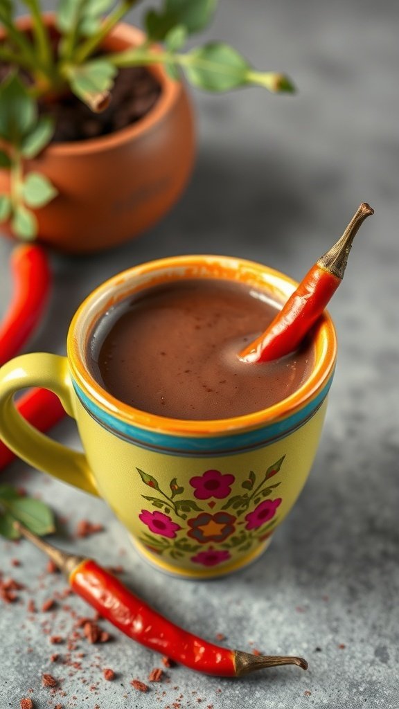 A colorful mug of chili chocolate cocoa with a chili pepper garnish
