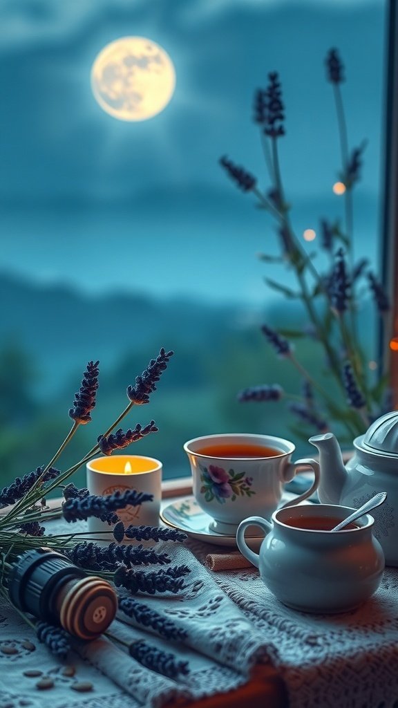 A cozy evening scene with a cup of tea, lavender sprigs, and a candle, illuminated by moonlight.