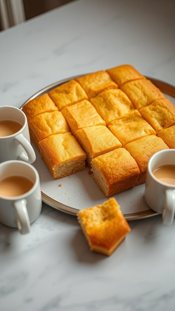 A tray of yellow cake mix coffee cake slices next to cups of coffee.