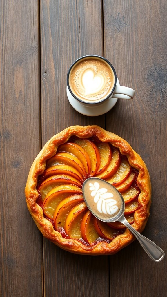 A delicious apple tart tatin with a cortado coffee on a wooden table.