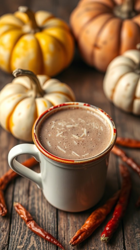 A cup of Mexican hot chocolate with chili peppers and pumpkins in the background.