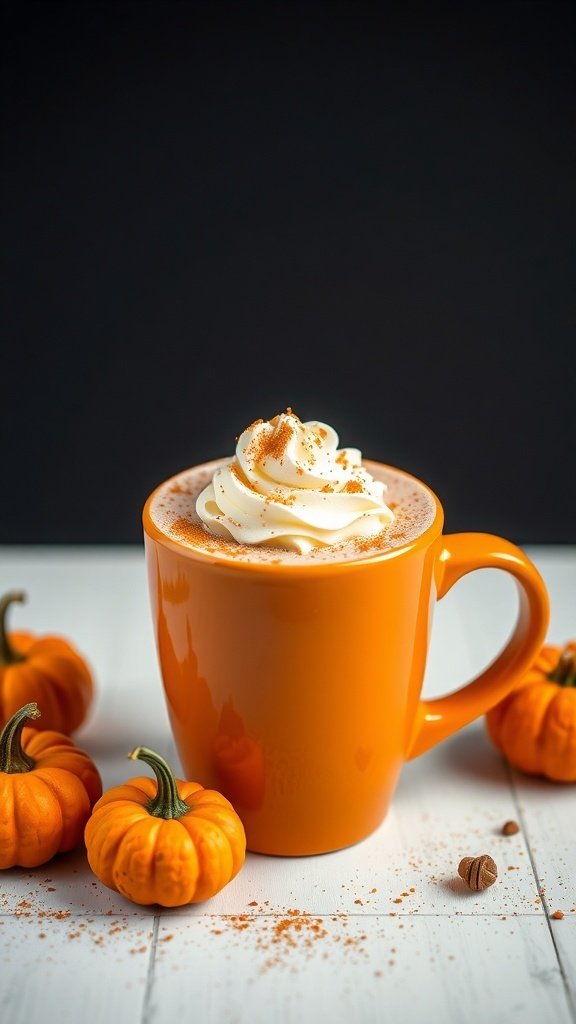 A cozy cup of Pumpkin Spice Mexican Hot Chocolate topped with whipped cream and cinnamon, surrounded by small pumpkins.