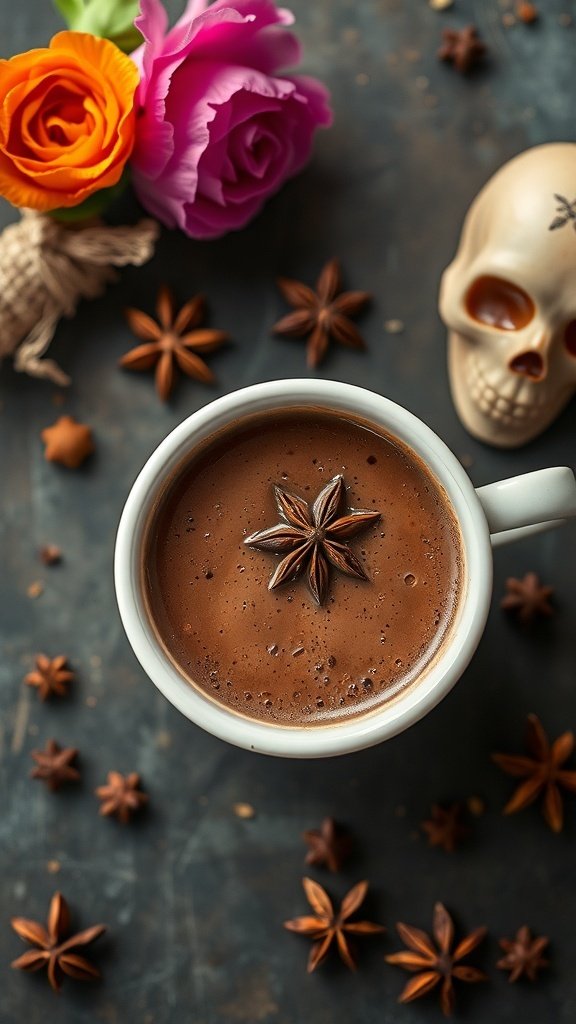 A cup of cocoa topped with star anise, surrounded by flowers and spices.