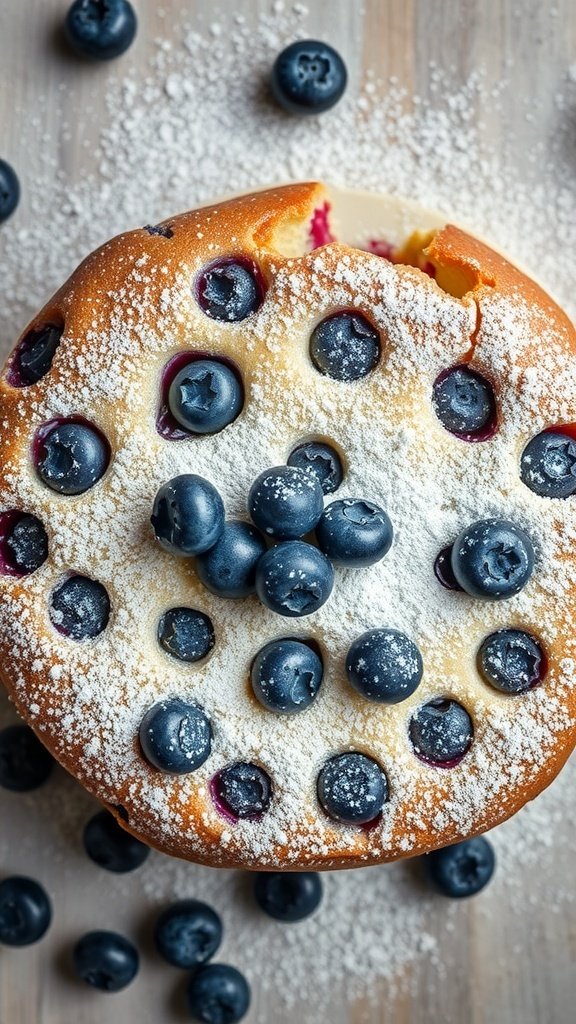 Blueberry Sour Cream Coffee Cake topped with fresh blueberries and powdered sugar.