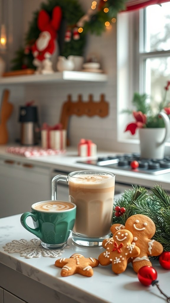A cozy kitchen scene featuring a pumpkin spice latte, a smaller latte with art, and gingerbread cookies on a marble countertop.