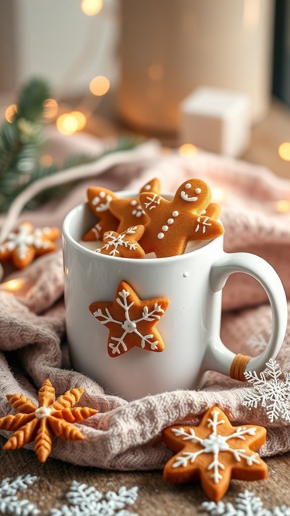 A cozy mug filled with gingerbread chai latte and decorated with gingerbread cookies, surrounded by festive decorations.