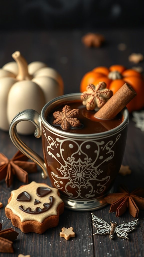 A cozy mug of chocolate chai surrounded by Halloween-themed cookies and spices.