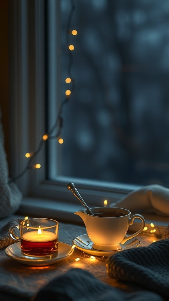 A cozy scene with a white mug of tea, a candle, and fairy lights by a window.