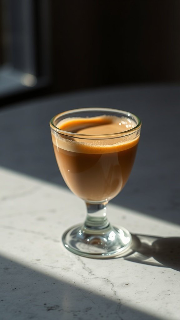 A glass of cortado coffee on a marble table.