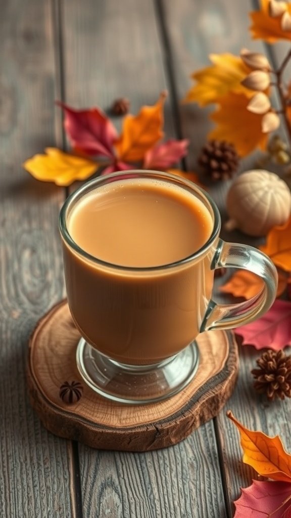 A glass mug of brown sugar chai latte on a wooden coaster, surrounded by autumn leaves and pinecones.