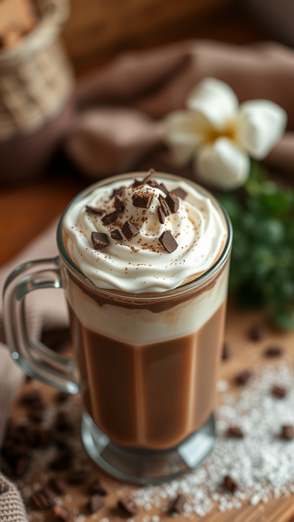 A mug of Hazelnut Mocha Cocoa topped with whipped cream and chocolate shavings, surrounded by chocolate pieces and a flower.