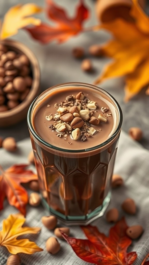 A glass of hazelnut chocolate drink topped with crushed nuts, surrounded by autumn leaves and hazelnuts.