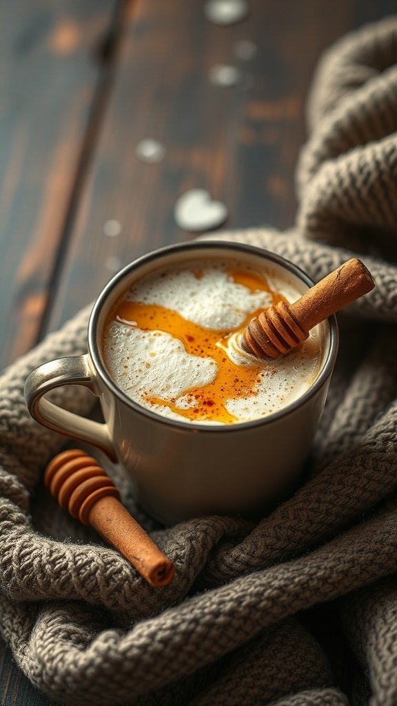 A cozy cup of Golden Milk Chai with honey and spices, wrapped in a soft sweater.