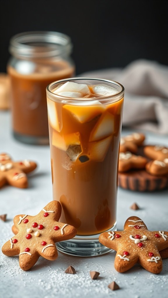 A glass of gingerbread flavored cold brew coffee with ice, surrounded by gingerbread cookies.