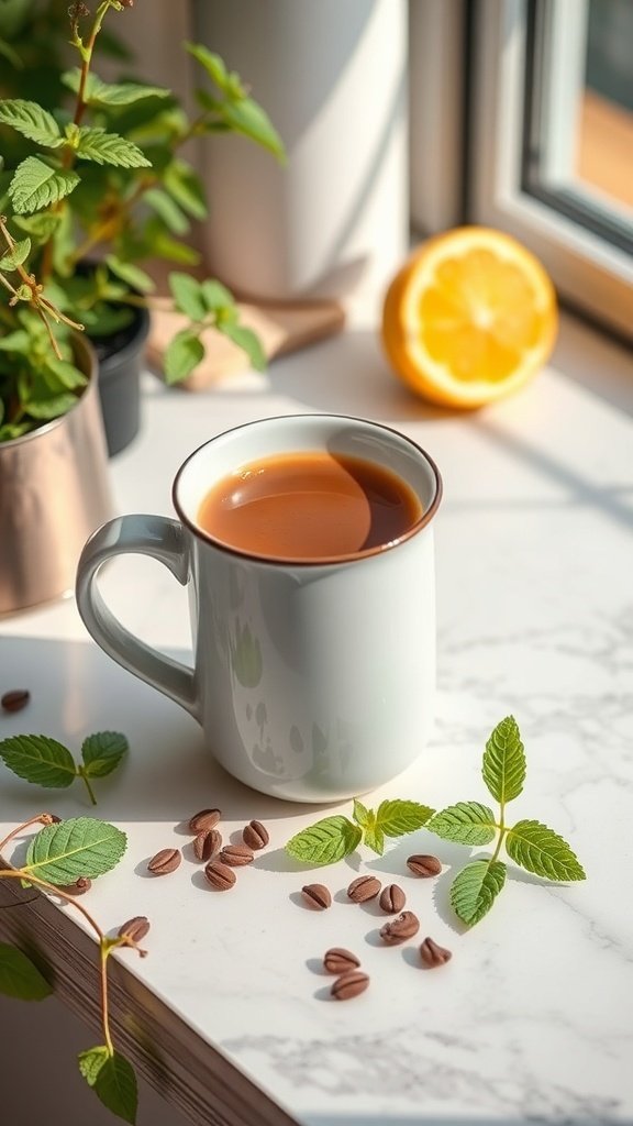 A steaming cup of coffee next to a lemon and mint leaves on a sunny windowsill.