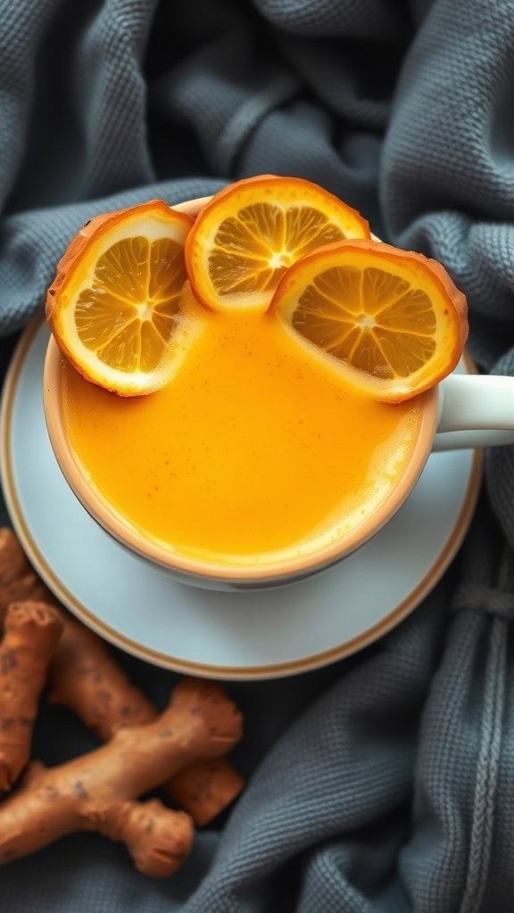 A cup of golden milk chai topped with lemon slices, surrounded by ginger roots on a soft gray fabric.